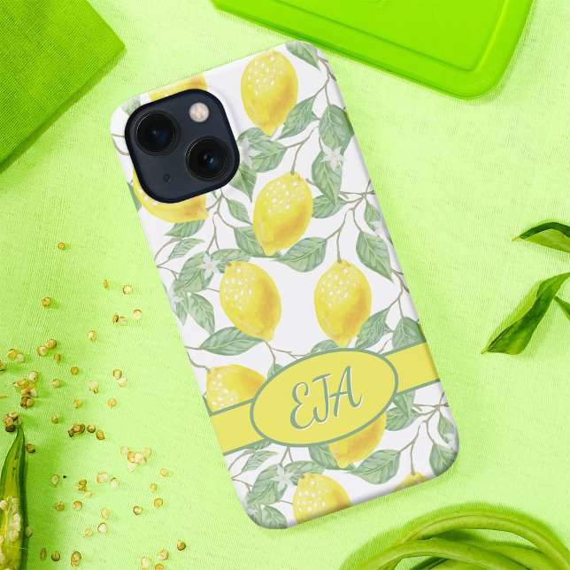 Summer Lemonade Botanical Yellow Lemons Monogram iPhone Case (Bright lemon & leaf design phone case with custom monogram, perfect summer style & protection!)