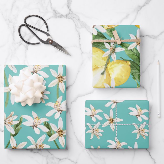 Summer Lemons and blossom patterns on teal  Wrapping Paper Sheets (Front)