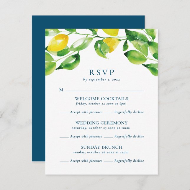 Summer Lemons and Foliage Multi Event Wedding RSVP Card (Front/Back)
