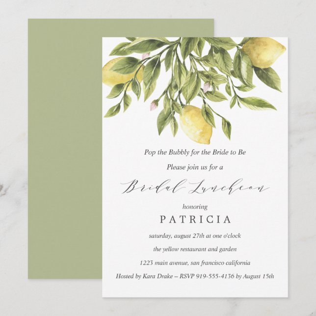 Summer Lemons and Foliage Wedding Bridal Luncheon Invitation (Front/Back)