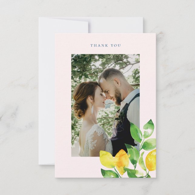 Summer Lemons and Foliage Wedding Photo Thank You Card (Front)