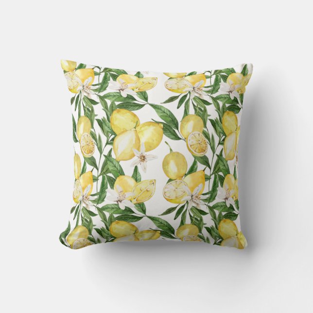 Summer lemons and lemon blossom pattern throw pillow (Front)