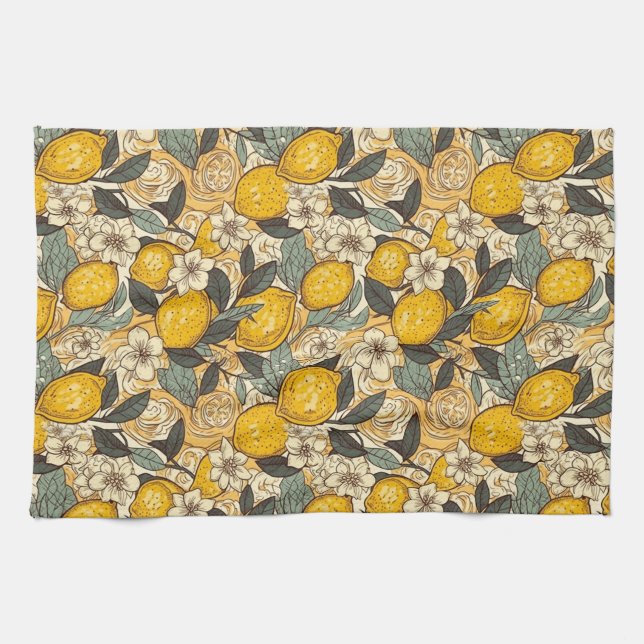Summer Lemons and White Flowers Kitchen Towel (Horizontal)
