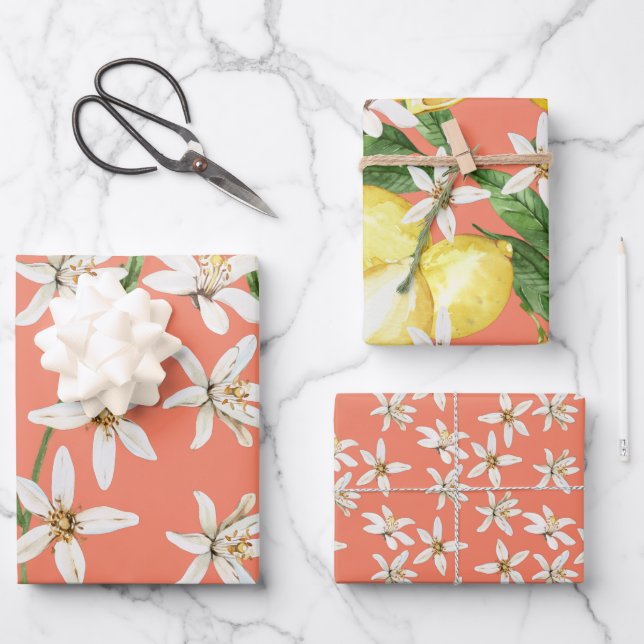 Summer Lemons blossom patterns on orange Wrapping Paper Sheets (Front)