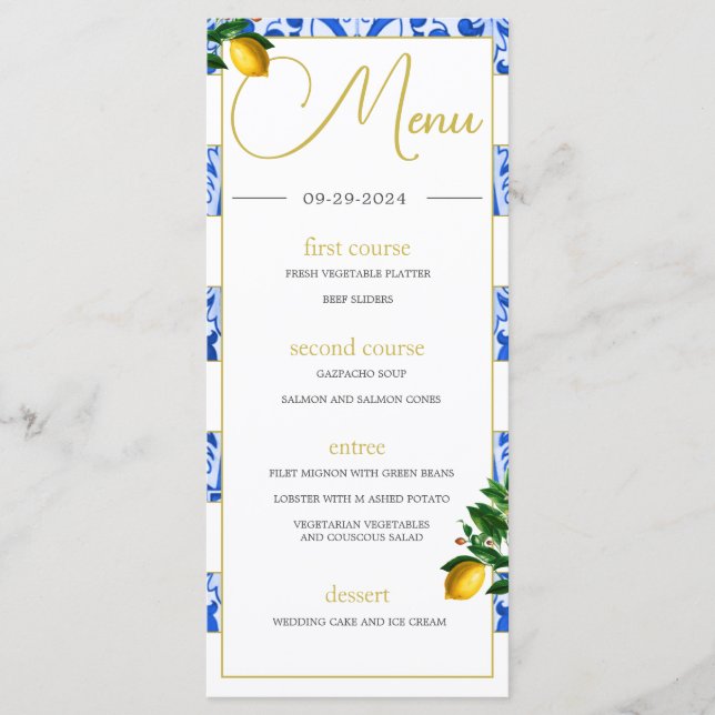  Summer Lemons Blue White Tiles Monogram Menu (Front)