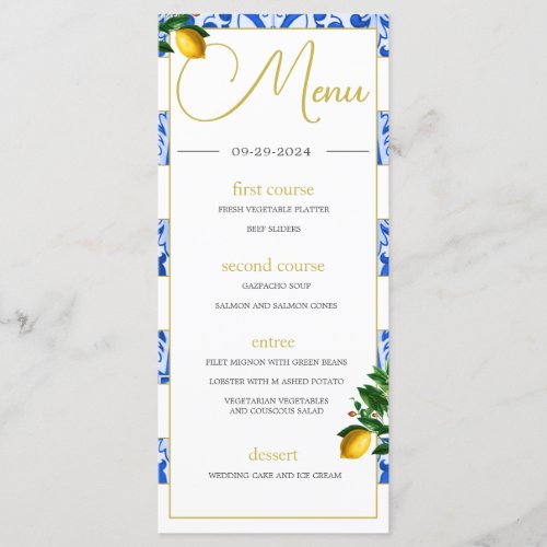  Summer Lemons Blue White Tiles Monogram Menu