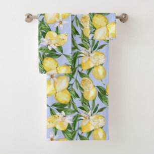 Summer lemons lemon blossom pattern pastel blue bath towel set