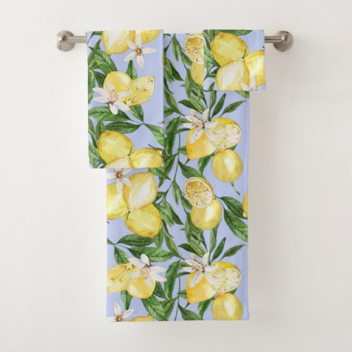 Summer lemons  lemon blossom pattern pastel blue  bath towel set