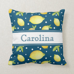 Summer Lemons Pattern Navy Blue Name Throw Pillow