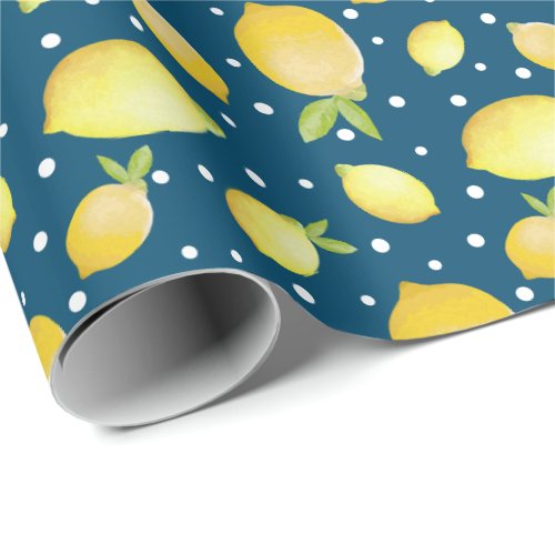 Summer Lemons Pattern Navy Blue Wrapping Paper