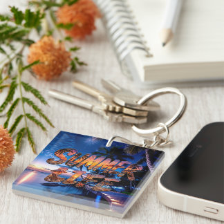 Summer Life Tropical Beach Sunset Typography T-SH Keychain
