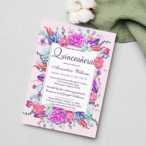 Summer Lilac Pink Coral Purple Floral Quinceaera Invitation