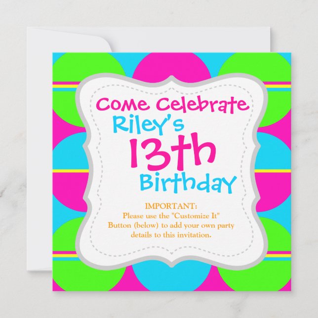 Summer Lime Green Hot Pink Teal Circles Stripes Invitation (Front)