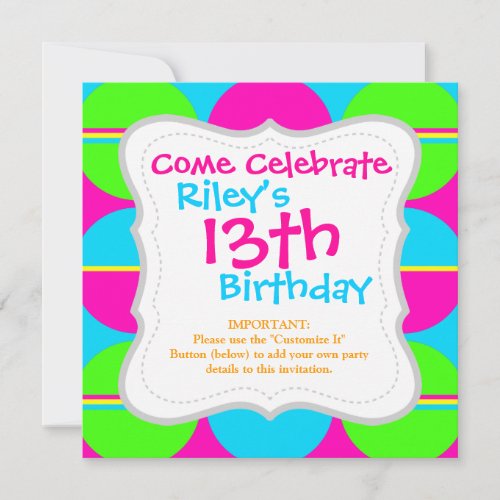 Summer Lime Green Hot Pink Teal Circles Stripes Custom Invitations