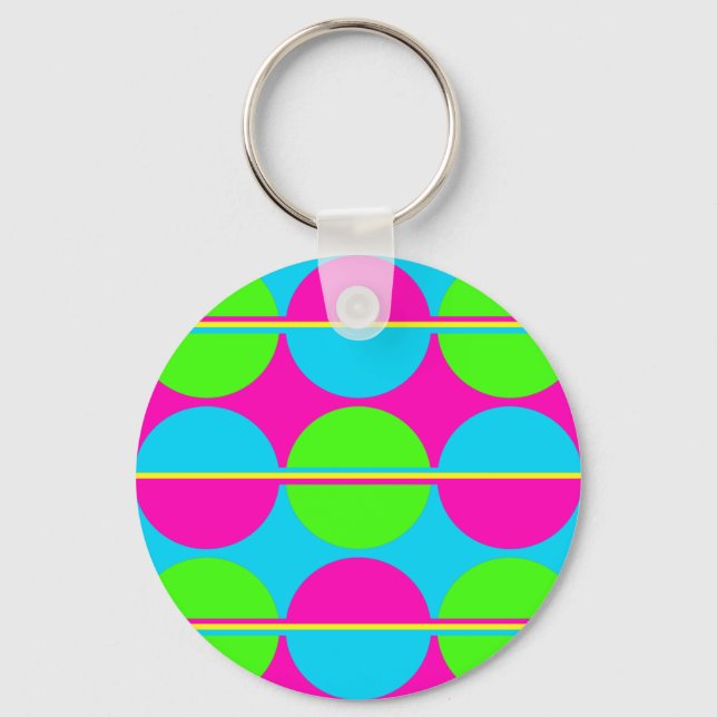 Summer Lime Green Hot Pink Teal Circles Stripes Keychain (Front)