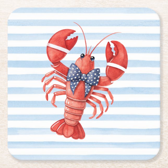 Summer Lobster with Bow and Stripes Square Paper Coaster (Front)