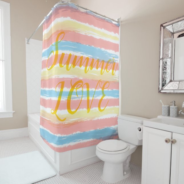 Summer Love Pastel Blue Pink Yellow Stripes Shower Shower Curtain (In Situ)