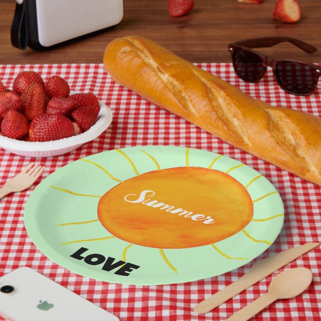 Summer Love Yellow Orange Sun Green  Paper Plates (Picnic)