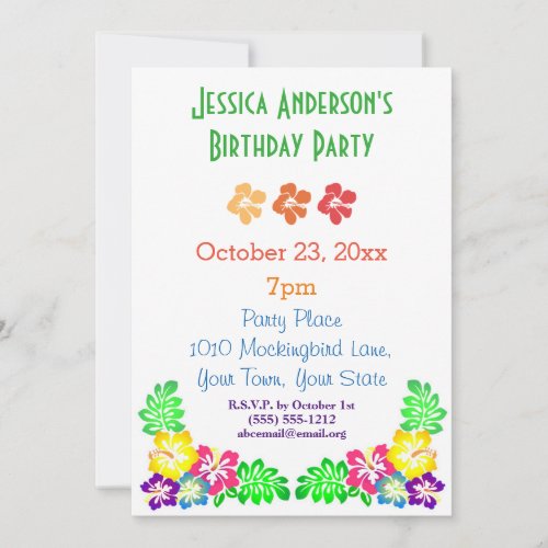 Summer Luau Hibiscus Hawaiian Tropical Birthday Invitation