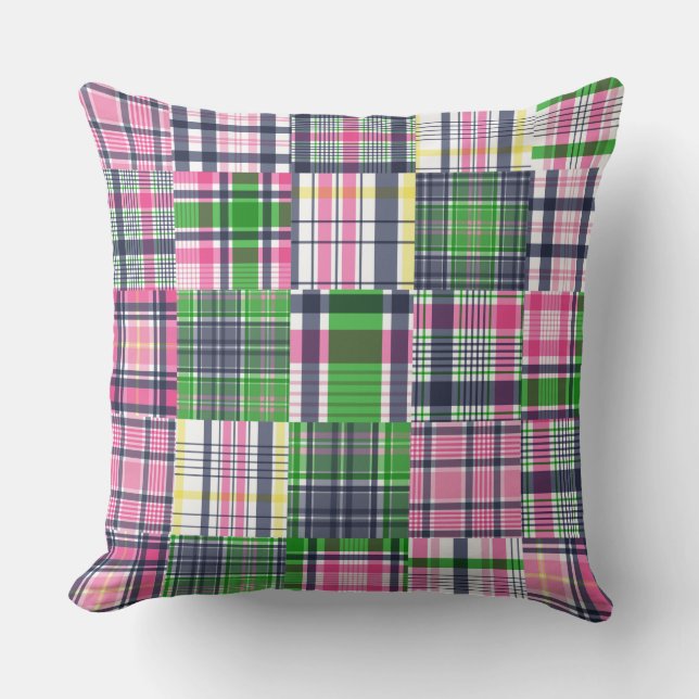 Summer Madras Plaid Preppy Patchwork Throw Pillow (Front)