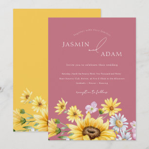 Summer Magenta Pink Yellow Sunflowers Wedding Invitation