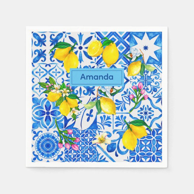 Summer majolica blue Sicilian citrus Mediterranean Napkins (Front)