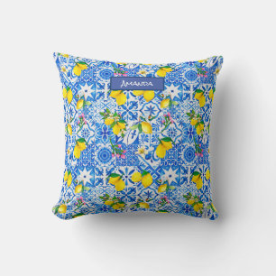 Summer majolica blue Sicilian citrus Mediterranean Throw Pillow