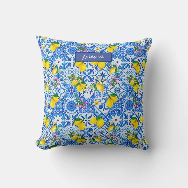 Summer majolica blue Sicilian citrus Mediterranean Throw Pillow (Front)