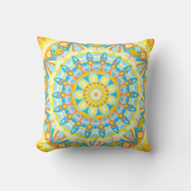 Summer Mandala Bright Yellow Orange Boho Floral Throw Pillow (Front)