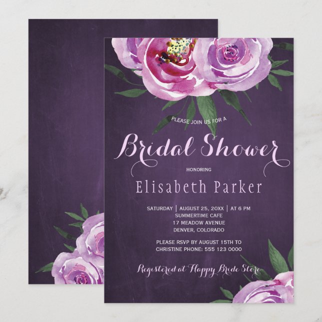 Summer mauve peonies purple plum bridal shower invitation (Front/Back)