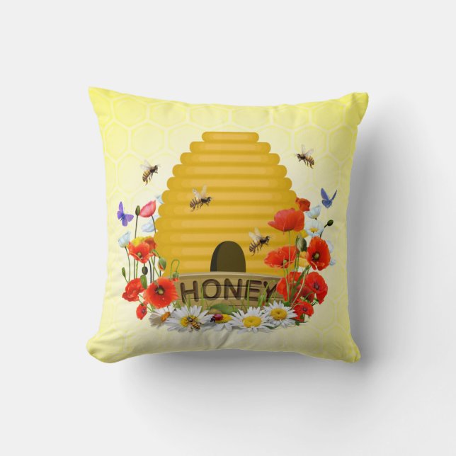 Summer Meadow Beehive and Honey Pot Throw Pillow (Front)