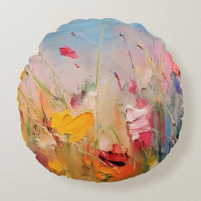 Summer Meadow – Expressive Abstract Wildflowers Round Pillow (Front)