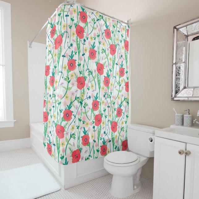 Summer Meadow Floral Nature Illustration Shower Curtain (In Situ)