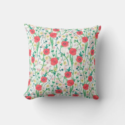 Summer Meadow Floral Nature Illustration Throw Pillow