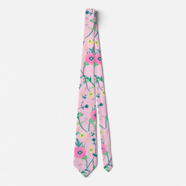Summer Meadow Floral Nature Pink Illustration Neck Tie (Front)