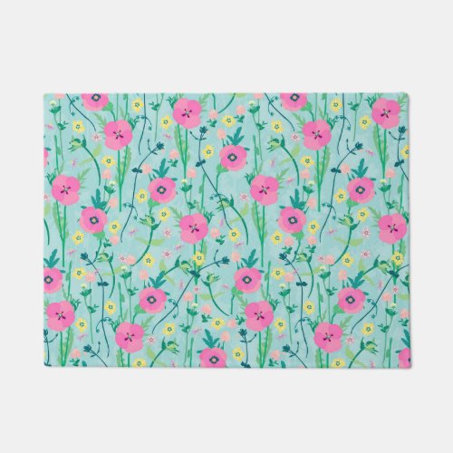 Summer Meadow Floral Nature Teal Illustration Doormat