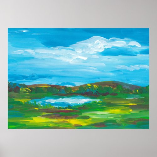 Summer Meadow Lake Landscape Painting Poster