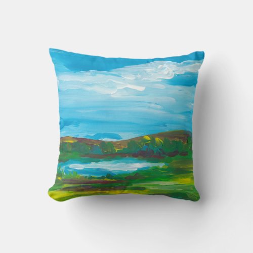 Summer Meadow Lake Landscape Painting Throw Pillow
