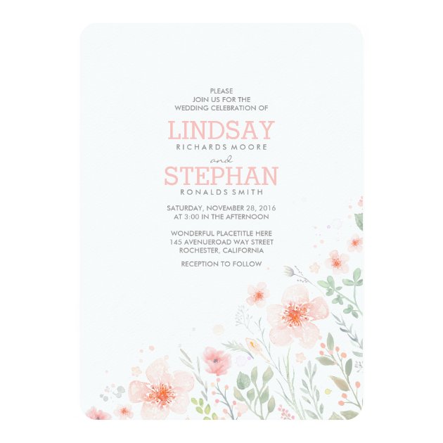 Summer Meadow Pink Flowers Watercolor Wedding Invitation