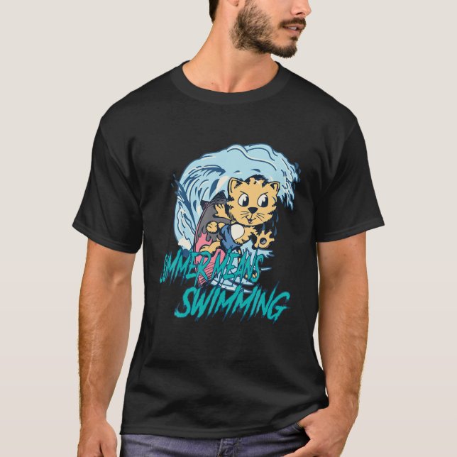 Summer Means Swimming - Cat With Surfboard And Wav T-Shirt (Front)