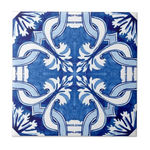 Summer Mediterranean blue pattern flowers  Ceramic Tile