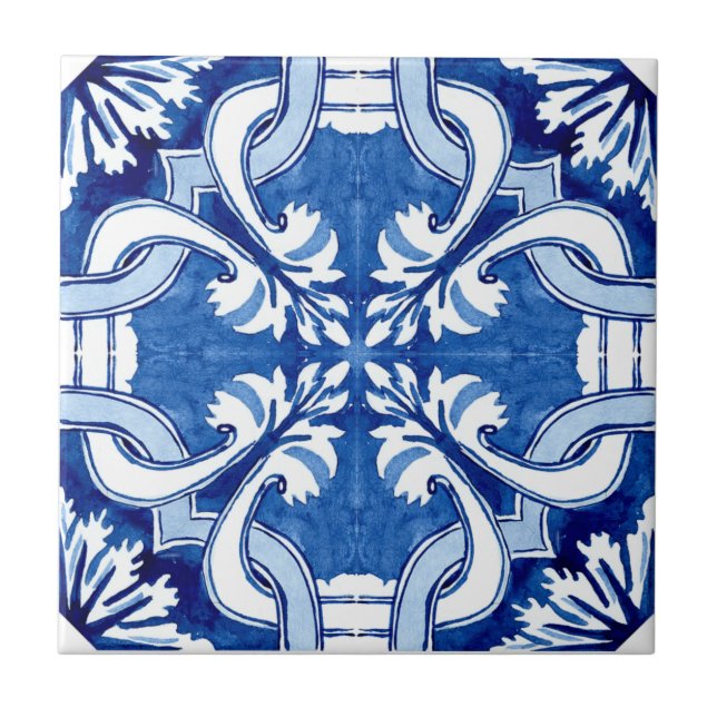 Summer Mediterranean blue pattern flowers  Ceramic Tile (Front)