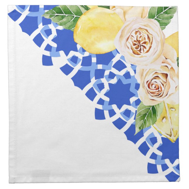 Summer Mediterranean blue tile and lemons print  Cloth Napkin (Front)