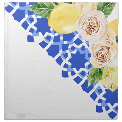 Summer Mediterranean blue tile and lemons print  Cloth Napkin