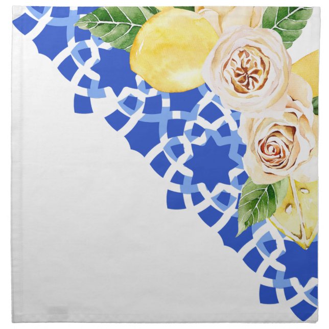 Summer Mediterranean blue tile and lemons print  Cloth Napkin (Front)
