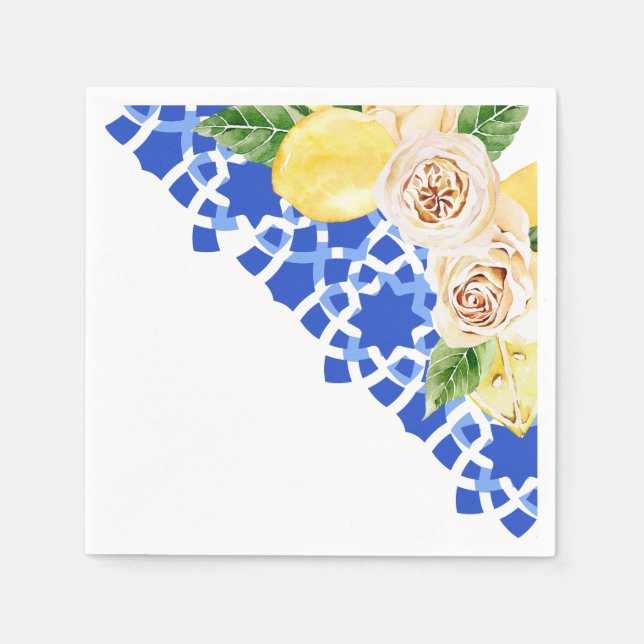Summer Mediterranean blue tile and lemons print  Napkins (Front)