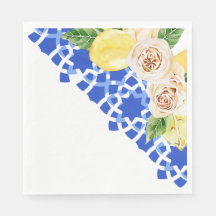 Summer Mediterranean blue tile and lemons print