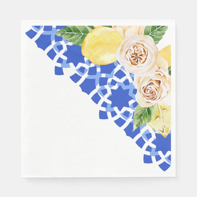Summer Mediterranean blue tile and lemons print  Napkins (Front)