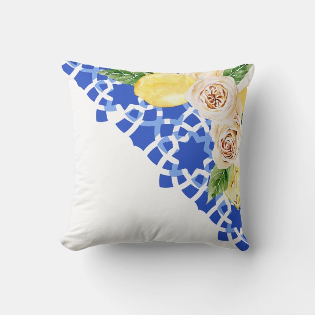 Summer Mediterranean blue tile and lemons print  Throw Pillow (Front)