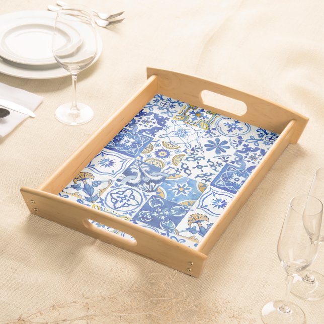 Summer Mediterranean Blue, White & Yellow Pattern Serving Tray (Front)
